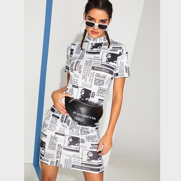 Newspaper Print Slim Mini Dress White and Black - Picture 6 of 8